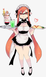 Rule 34 | 1girl, apron, bow, bowtie, danimaru, food, full body, heart, highres, ice cream, inkling, inkling girl, inkling player character, looking at viewer, maid headdress, mask, nintendo, omelet, omurice, parted lips, pointy ears, red eyes, simple background, solo, splatoon (series), standing, sundae, tentacle hair, thigh gap, tray, waist apron, waitress, white background