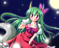 Rule 34 | 1girl, alternate color, bow, breasts, christmas, cleavage, ex-keine, female focus, geo (yukishitadou), green hair, horn ornament, horn ribbon, horns, kamishirasawa keine, large breasts, long hair, outdoors, red eyes, ribbon, sky, solo, tail, touhou, very long hair
