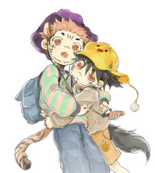 Rule 34 | 2boys, aged down, animal ears, backpack, bag, black hair, closed mouth, extra eyes, fushiguro megumi, hat, highres, hug, jujutsu kaisen, long sleeves, looking at viewer, male focus, multiple boys, open mouth, pants, pink hair, red eyes, ryoumen sukuna (jujutsu kaisen), short hair, sweater, tail, tiger boy, tiger tail, white background, wolf boy, wolf ears, wolf tail, woshihedawei