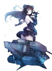 Rule 34 | 10s, 1girl, \m/, abyssal ship, aqua eyes, ass, black hair, colored skin, double bun, flat ass, floating hair, gauntlets, glowing, glowing eyes, hair bun, highres, kantai collection, light cruiser oni, long hair, looking at viewer, looking back, machinery, microphone, outstretched arm, pleated skirt, simple background, skirt, smile, solo, sparkle, standing, sumisu (mondo), white background, white skin