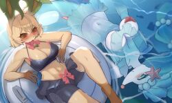 Rule 34 | 2girls, afloat, animal ears, animal nose, areola slip, armpits, artist name, bare shoulders, barefoot, bikini, bikini shorts, black bikini, blonde hair, blue hair, blue sclera, blush, body fur, bow, breasts, brown eyes, brown fur, brown sclera, cleavage, closed mouth, collarbone, colored sclera, colored skin, creatures (company), crossed bangs, dated, day, female focus, flying sweatdrops, frilled bikini, frills, from above, furry, furry female, furry with furry, game freak, gen 4 pokemon, gen 7 pokemon, green hair, hair between eyes, half-closed eyes, happy, highres, implied ass grab, innertube, interspecies, large breasts, leafeon, long hair, looking at another, lying, mbct01, mermaid, monster girl, multi-tied hair, multicolored hair, multiple girls, navel, neck ribbon, nintendo, nose blush, on back, open mouth, outdoors, partially submerged, pearl hair ornament, personification, poke ball symbol, pokemon, pokemon (creature), primarina, red bow, red ribbon, ribbon, short hair, shorts, sidelocks, signature, smile, snout, starfish, starfish hair ornament, stomach, streaked hair, swim ring, swimming, swimsuit, twitter username, two-tone fur, two-tone hair, very long hair, water, white eyes, white skin, yellow fur, yuri