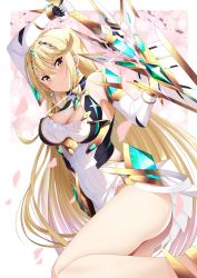 Rule 34 | 1girl, aegis sword (xenoblade), bare legs, bare shoulders, blonde hair, breasts, chest jewel, cleavage, cleavage cutout, clothing cutout, daive, dress, earrings, elbow gloves, gloves, highres, jewelry, large breasts, long hair, mythra (xenoblade), short dress, solo, swept bangs, tiara, very long hair, white dress, white gloves, xenoblade chronicles (series), xenoblade chronicles 2, yellow eyes