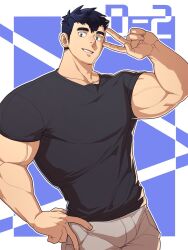 Rule 34 | 1boy, bara, black hair, black shirt, brown pants, highres, large pectorals, looking at viewer, male focus, muscular, muscular male, official art, oji-mama (skskdan), pants, pectorals, shirt, short hair, simple background, solo, souichi hoshiura, ttn (239 239), v
