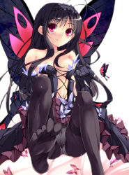 Rule 34 | 10s, 1girl, accel world, antenna hair, bare shoulders, breasts, bug, butterfly, butterfly wings, dress, elbow gloves, feet, foot focus, frills, gloves, headband, highres, insect, insect wings, kuroyukihime, long legs, navel, nipple slip, nipples, no shoes, panties, panties under pantyhose, pantyhose, pointing, purple eyes, small breasts, smile, soles, solo, thighband pantyhose, toes, underwear, wings, yagami shuuichi