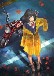 Rule 34 | 1girl, absurdres, autumn leaves, black hair, blue eyes, blunt bangs, bow, cardigan, from above, highres, huge filesize, looking at viewer, motor vehicle, motorcycle, nihoshi (bipedal s), original, outdoors, puddle, raincoat, ripples, short hair, solo