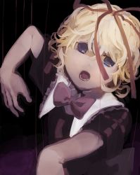Rule 34 | 1girl, black background, blonde hair, crying, crying with eyes open, hair ribbon, highres, looking at viewer, medicine melancholy, nurupo (abooon), open mouth, ribbon, solo, tears, teeth, thread, touhou
