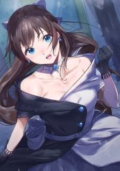 Rule 34 | 1girl, bare shoulders, black dress, black gloves, blue eyes, bow, breasts, brooch, brown hair, buckle, choker, cleavage, clenched hand, collarbone, commentary, dress, dutch angle, earrings, english commentary, from above, gloves, hair bow, half updo, hand up, head tilt, highres, jewelry, kuziaaizuk, long hair, looking at viewer, love live!, love live! nijigasaki high school idol club, off-shoulder dress, off shoulder, open mouth, osaka shizuku, purple bow, rain, sidelocks, signature, small breasts, solo, strapless, strapless dress, teeth, upper teeth only, white choker, white dress