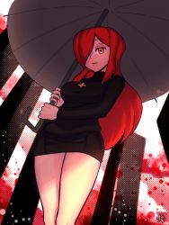 Rule 34 | 1girl, cross, cross necklace, hair over one eye, highres, holding, holding umbrella, jewelry, long hair, looking at viewer, looking down, necklace, parasoul (skullgirls), red hair, skirt, skullgirls, smile, solo, sweater, turtleneck, turtleneck sweater, umbrella, yellow eyes