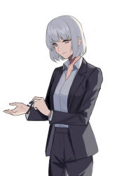 Rule 34 | 1girl, black jacket, black pants, blazer, closed mouth, feet out of frame, girls&#039; frontline, highres, jacket, looking down, open clothes, open jacket, pants, purple eyes, rpk-16 (girls&#039; frontline), shirt, short hair, silayloe, silver hair, solo, standing, upper body, white background, white shirt