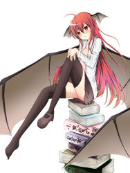 Rule 34 | 1girl, :t, absurdres, ahoge, bat wings, black thighhighs, book, book stack, breasts, cleavage, head wings, highres, kagamiya (kyouya), koakuma, large wings, long hair, open clothes, open shirt, pout, red eyes, red hair, shirt, shoes, simple background, single shoe, sitting, skirt, small breasts, solo, thighhighs, torn clothes, torn skirt, touhou, white background, wings