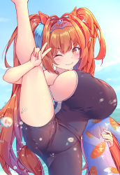 Rule 34 | 1girl, ;), animal ears, black school swimsuit, blunt bangs, breasts, bubble, cameltoe, carrot print, closed mouth, competition school swimsuit, covered erect nipples, daiwa scarlet (umamusume), fang, food print, gluteal fold, highres, hikotou (sao73cat), holding, holding swim ring, horse ears, horse girl, horse tail, huge breasts, innertube, leg lift, long hair, looking at viewer, one-piece swimsuit, one eye closed, orange eyes, orange hair, outdoors, school swimsuit, sideboob, smile, solo, sportswear, standing, standing on one leg, stretched limb, stretching, swim ring, swimsuit, tail, thighs, tiara, twintails, umamusume, v, very long hair, water, wink