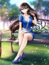 Rule 34 | 1girl, bench, blue dress, blue eyes, blurry, blurry background, bracelet, breasts, brown hair, cherry blossoms, cleavage, collarbone, crossed legs, dot nose, dress, gigamessy, grass, hair between eyes, high heels, jewelry, legs, long hair, looking at viewer, medium breasts, original, petals, smile, solo, thighs, tree, watch