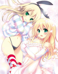 Rule 34 | 10s, 2girls, atago (kancolle), blonde hair, breasts, detached sleeves, dress, green eyes, hairband, headband, kantai collection, large breasts, long hair, looking at viewer, multiple girls, navel, nightgown, panties, personification, petals, shimakaze (kancolle), striped clothes, striped legwear, striped thighhighs, thighhighs, underwear, yukiji shia