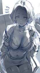 Rule 34 | 1girl, backlighting, bra, breasts, cleavage, collarbone, collared shirt, electric fan, greyscale, gundam, gundam suisei no majo, hews, highres, large breasts, leotard, looking at viewer, monochrome, navel, off shoulder, open clothes, open mouth, open shirt, parted bangs, pencil skirt, secelia dote, shirt, short hair, short shorts, shorts, sitting, sketch, skirt, solo, thighhighs, thighs, underwear