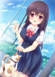 Rule 34 | 1girl, :d, animal, blue dress, blue sky, blush, bow, breasts, brown hair, bush, cat, chain-link fence, cloud, collared shirt, commentary request, day, dress, dress shirt, dutch angle, fence, fingernails, hair between eyes, hand up, highres, leaning forward, long hair, medium breasts, open mouth, original, outdoors, pinafore dress, pleated dress, red bow, red eyes, round teeth, school uniform, shirt, sky, sleeveless, sleeveless dress, smile, solo, teeth, umitonakai, upper teeth only, very long hair, white shirt