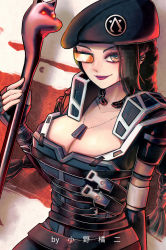 Rule 34 | 1girl, animification, apex legends, arms dealer loba, beret, black choker, black gloves, black hat, braid, breasts, brown hair, choker, cleavage, dog tags, fingerless gloves, gloves, hat, holding, holding staff, knife, large breasts, loba (apex legends), official alternate costume, purple eyes, scouter, smile, solo, staff, twin braids, xiaoye ju er