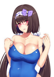 Rule 34 | 1girl, bare shoulders, blue one-piece swimsuit, bow, breasts, brown hair, cleavage, collarbone, competition school swimsuit, fate/grand order, fate (series), fingernails, glasses, hair bow, hairband, head tilt, large breasts, long fingernails, long hair, low twintails, majin (kiidoumajin), one-piece swimsuit, open mouth, osakabehime (fate), pink-framed eyewear, pom pom (clothes), purple bow, red eyes, school swimsuit, simple background, skindentation, solo, swimsuit, twintails, very long hair, white background, white hairband