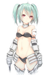 Rule 34 | 1girl, armor, bikini, black bikini, breasts, cleavage, cropped legs, faulds, gauntlets, green hair, groin, kojiki-life, navel, neck brace, original, parted lips, red eyes, simple background, small breasts, solo, swimsuit, twintails, white background