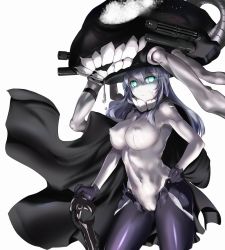 Rule 34 | 10s, 1girl, abyssal ship, aegis (nerocc), bodysuit, breasts, cameltoe, cane, cape, closed mouth, colored skin, covered navel, cowboy shot, covered erect nipples, glowing, glowing eyes, green eyes, hand on own hip, hat, kantai collection, large breasts, long hair, looking at viewer, pale skin, silver hair, simple background, solo, turret, white background, white bodysuit, white skin, wo-class aircraft carrier