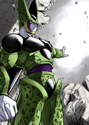 Rule 34 | 1boy, bad id, bad pixiv id, black nails, cell (dragon ball), clenched hand, closed mouth, commentary request, dragon ball, dragonball z, from below, highres, light frown, looking at viewer, looking down, male focus, nail polish, outstretched arm, perfect cell, pink eyes, rock, solo, standing, studio viga, wings