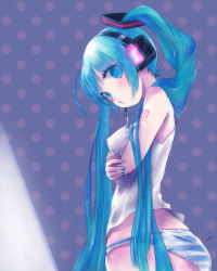 Rule 34 | 1girl, aqua eyes, aqua hair, arm tattoo, blush, crossed arms, hatsune miku, headset, highres, kowiru, long hair, looking at viewer, necktie, no pants, panties, solo, standing, striped clothes, striped panties, tattoo, twintails, underwear, vocaloid