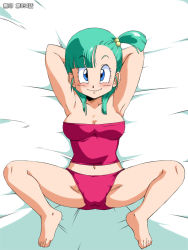 Rule 34 | 1girl, alternate hairstyle, amedama akihito, armpits, arms up, bare arms, bare legs, barefoot, bed, blue eyes, blush, breasts, bulma, cleavage, closed mouth, dragon ball, dragon ball (classic), feet, female focus, from above, full body, green hair, groin, legs, looking at viewer, lying, medium breasts, midriff, navel, old school academy, panties, red panties, red tube top, side ponytail, smile, solo, spread legs, strapless, thighs, toes, tube top, underwear, white background