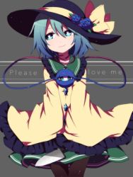 Rule 34 | 1girl, aqua eyes, black hat, black pantyhose, bow, bright pupils, english text, flower, frills, gradient hair, green hair, grey background, hair between eyes, hat, hat bow, hat flower, knife, komeiji koishi, leaf, long sleeves, looking at viewer, looking away, multicolored hair, pantyhose, sleeves past wrists, smile, solo, third eye, touhou, white pupils, wide sleeves, yellow bow, you (noanoamoemoe)