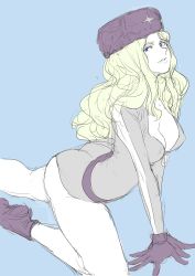 Rule 34 | 1girl, alternate costume, ass, belt, blonde hair, blue eyes, boots, breasts, cleavage, fur hat, gloves, grey leotard, hat, highres, kolin, large breasts, leotard, lips, long sleeves, no bra, open clothes, parted lips, simple background, sketch, skin tight, solo, street fighter, street fighter v, sus304308, thick thighs, thighs, unzipped, ushanka