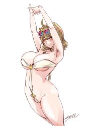 Rule 34 | 1girl, ahoge, alternate costume, anis (nikke), anis (sparkling summer) (nikke), armpits, arms up, bare shoulders, bikini, breasts, chikuden, cleavage, cross bikini, crotch strap, eyewear on head, goddess of victory: nikke, highres, jewelry, large breasts, light brown hair, necklace, official alternate costume, pink-tinted eyewear, short hair, signature, simple background, solo, sunglasses, swimsuit, tinted eyewear, white background, white bikini, yellow eyes