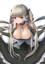 Rule 34 | 1girl, azur lane, between breasts, black dress, blush, breasts, cleavage, closed mouth, detached collar, dress, ear piercing, formidable (azur lane), frilled dress, frills, hair ribbon, highres, jori, large breasts, long hair, looking at viewer, piercing, red eyes, ribbon, silver hair, simple background, skirt hold, solo, twintails, white background