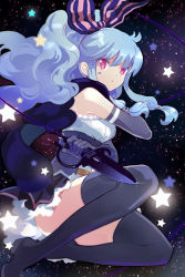 Rule 34 | 1girl, :&lt;, ahoge, bare shoulders, black thighhighs, blue hair, bow, dagger, detached sleeves, frilled skirt, frills, hair ribbon, high heels, holding, knife, leg up, linus falco, long hair, lowres, night, pleated skirt, red eyes, ribbon, shoes, skirt, solo, star (symbol), striped, sword girls, thighhighs, wavy hair, weapon