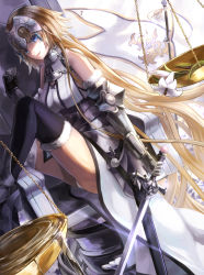Rule 34 | 1girl, absurdly long hair, armor, armored dress, bad id, bad pixiv id, black thighhighs, blonde hair, blue eyes, dress, fate/apocrypha, fate (series), floating hair, flower, fur trim, gauntlets, hair between eyes, highres, holding, holding sword, holding weapon, jeanne d&#039;arc (fate), jeanne d&#039;arc (ruler) (fate), jeanne d&#039;arc (third ascension) (fate), kuune (muttey-myg), long hair, looking at viewer, sitting, sleeveless, sleeveless dress, smile, solo, sword, thighhighs, very long hair, weapon, white dress, white flower
