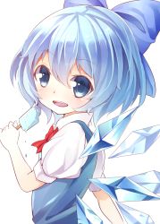 Rule 34 | 1girl, blue eyes, blue hair, blush, bow, cirno, fang, food, hair ornament, hair ribbon, ice, ice wings, masaharu (nuaa), matching hair/eyes, melting, open mouth, popsicle, puffy sleeves, ribbon, short hair, short sleeves, simple background, smile, solo, touhou, upper body, vest, white background, wings