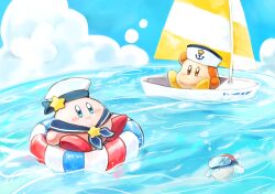 Rule 34 | 2others, air bubble, anchor symbol, blue eyes, blue sky, blush, boat, bubble, goggles, hat, hat ornament, highres, innertube, kinuyo (kinuxi), kirby, kirby (series), multiple others, nintendo, no humans, orange eyes, sailboat, sailor, sailor collar, sailor hat, sitting, sky, smile, star (symbol), star hat ornament, swim ring, waddle dee, water, watercraft