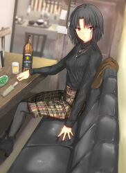 Rule 34 | 1girl, alternate costume, black footwear, black hair, black pantyhose, black sweater, brown eyes, brown skirt, closed mouth, commentary request, couch, highres, iro (sekaixiro), jewelry, kara no kyoukai, long sleeves, looking at viewer, necklace, on couch, pantyhose, parted bangs, plaid, plaid skirt, ribbed sweater, ryougi shiki, short hair, sitting, skirt, solo, sweater, table, turtleneck, turtleneck sweater