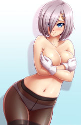 Rule 34 | 10s, 1girl, absurdres, black pantyhose, blue eyes, blush, breast hold, breasts, covering privates, covering breasts, crotch seam, eyes visible through hair, gloves, hair ornament, hair over one eye, hairclip, hamakaze (kancolle), highres, kantai collection, large breasts, looking at viewer, mazume, navel, panties, panties under pantyhose, pantyhose, short hair, silver hair, solo, thighband pantyhose, topless, underwear, underwear only, white gloves, white panties