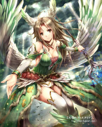 Rule 34 | 1girl, breasts, brown eyes, brown hair, cleavage, cloud, detached sleeves, fantasy, feathered wings, flower, gabiran, head wings, jewelry, large breasts, light rays, looking at viewer, necklace, official art, outstretched arm, rose, smile, solo, staff, tenkuu no crystalia, thighhighs, wings