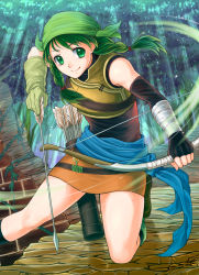Rule 34 | 1girl, arrow (projectile), asymmetrical gloves, bandana, belt, bow (weapon), braid, elbow gloves, fingerless gloves, fire emblem, fire emblem: the blazing blade, forest, gloves, green eyes, green hair, nature, nintendo, quiver, rebecca (fire emblem), ruins, sash, skirt, smile, solo, soyo2106, twin braids, twintails, uneven gloves, weapon