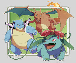 Rule 34 | animal focus, blastoise, bright pupils, brown eyes, charizard, claws, closed mouth, commentary request, creatures (company), fangs, flame-tipped tail, game freak, gen 1 pokemon, looking at another, nintendo, no humans, open mouth, plant, pokemon, pokemon (creature), red eyes, rozu ki, smile, starter pokemon trio, tongue, venusaur, vines, white pupils