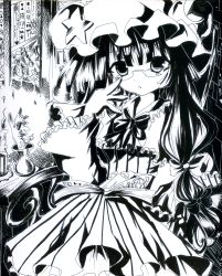 Rule 34 | 1girl, absurdres, bespectacled, book, bookshelf, candle, capelet, female focus, glasses, hat, highres, long hair, long sleeves, millipen (medium), monochrome, patchouli knowledge, solo, star (symbol), torajirou, torajirou (toraneko zirou), touhou, traditional media, wide sleeves