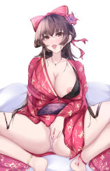 Rule 34 | 1921494015, 1girl, absurdres, black bra, bow, bra, breasts, brown eyes, brown hair, clothing aside, copyright request, hair bow, highres, japanese clothes, jewelry, kimono, large breasts, long sleeves, looking at viewer, necklace, nipple slip, nipples, obi, one breast out, panties, panties aside, pink panties, pussy, pussy juice, red bow, red kimono, saliva, sash, sitting, solo, spread legs, tongue, tongue out, underwear, wide sleeves