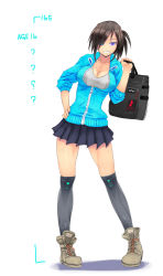 Rule 34 | 1girl, aged up, aqua eyes, bag, black hair, boots, breasts, cleavage, commentary request, full body, grin, hand on own hip, heterochromia, highres, hip focus, jacket, kneehighs, large breasts, legs, long legs, miniskirt, onibi (foxhound4185), original, over-kneehighs, patchwork girl (onibi), pleated skirt, ponytail, purple eyes, shiny skin, shirt, short hair, simple background, skirt, sleeves pushed up, smile, socks, solo, taut clothes, taut shirt, thighhighs, thighs, unzipped, zipper
