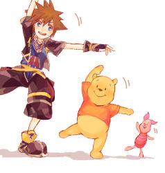 Rule 34 | 1boy, arms up, baggy pants, baggy shorts, blue eyes, blue shirt, brown hair, chain, crown, dancing, disney, fingerless gloves, gloves, grin, height difference, jewelry, kingdom hearts, kingdom hearts ii, large shoes, leg up, looking at another, looking at viewer, motion lines, necklace, outstretched arm, pants, piglet (winnie the pooh), pooh, red shirt, shadow, shirt, shoes, short hair, short sleeves, simple background, smile, sora (kingdom hearts), spiked hair, standing, standing on one leg, striped, stuffed animal, stuffed pig, stuffed toy, sweatdrop, teddy bear, winnie the pooh, zipper