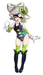 Rule 34 | + +, 1girl, adapted costume, boots, detached collar, earrings, elbow pads, fangs, gloves, hanya (hanya yashiki), inkling, jewelry, knee boots, knee pads, leotard, marie (splatoon), nintendo, pointy ears, short hair, silver hair, solo, splatoon (series), tentacle hair, thighhighs, white background, white gloves, wrestling outfit, yellow eyes