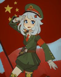 Rule 34 | 1girl, :d, belt, blue eyes, bright pupils, brown belt, cowboy shot, genshin impact, gloves, green hat, green jacket, green thighhighs, grey hair, hair flaps, hat, highres, jacket, long sleeves, looking at viewer, military, military hat, military uniform, mossacannibalis, necktie, open mouth, paimon (genshin impact), peaked cap, puffy shorts, red necktie, salute, shorts, smile, solo, soviet army, soviet flag, standing, thighhighs, uniform, white gloves, white pupils