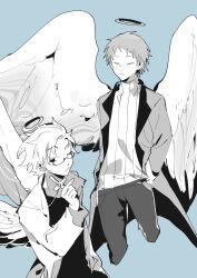 Rule 34 | 2boys, absurdres, angel, angel wings, atou haruki, blue background, chinese commentary, closed eyes, closed mouth, coat, commentary request, cross, feathered wings, glasses, greyscale with colored background, halo, highres, holding, holding cross, kanou aogu, long sleeves, male focus, multiple boys, open clothes, open coat, pants, ribbed sweater, saibou shinkyoku, semi-rimless eyewear, shirt, short hair, simple background, sweater, turtleneck, turtleneck sweater, wings, xiao228