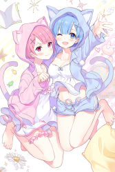 Rule 34 | 2girls, bad id, bad pixiv id, bare legs, blue eyes, blue hair, blue ribbon, blue shorts, blush, book, breasts, candy, cat tail, chagoon, collarbone, commentary request, dress, food, hair ornament, hair over one eye, hood, hooded jacket, hoodie, jacket, large breasts, long sleeves, looking at viewer, medium breasts, multiple girls, navel, one eye closed, open mouth, pink eyes, pink hair, ram (re:zero), re:zero kara hajimeru isekai seikatsu, red eyes, rem (re:zero), ribbon, short hair, shorts, siblings, sisters, smile, tail, twins, white dress, x hair ornament