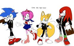 Rule 34 | 1girl, 3boys, absurdres, alternate costume, amy rose, animal ears, animal nose, bag, black jacket, black pants, blue eyes, boots, closed mouth, commentary, diamondx1704, english commentary, english text, fox boy, fox ears, fox tail, full body, furry, furry female, furry male, gakuran, gloves, green eyes, hairband, highres, holding, holding bag, jacket, knuckles the echidna, looking at viewer, multiple boys, multiple tails, open mouth, pants, purple eyes, red footwear, red hairband, school bag, school uniform, serafuku, shirt, shoes, simple background, skirt, smile, sonic (series), sonic the hedgehog, standing, tail, tails (sonic), two tails, white background, white gloves, white shirt