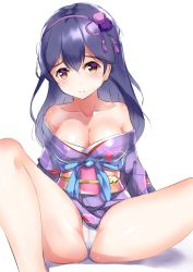 Rule 34 | 10s, 1girl, bare shoulders, black hair, breasts, brown eyes, cameltoe, collarbone, frown, hair between eyes, hair ornament, hairband, henet hene, japanese clothes, kantai collection, kimono, large breasts, long hair, looking at viewer, obi, off shoulder, panties, sash, simple background, sitting, solo, spread legs, tassel, underwear, ushio (kancolle), white background, white panties