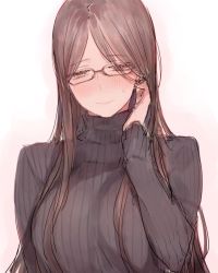 Rule 34 | 1girl, black sweater, blush, breasts, brown hair, c.cu, embarrassed, glasses, tucking hair, large breasts, light smile, long hair, long sleeves, looking away, original, parted bangs, simple background, sketch, straight hair, striped clothes, striped sweater, sweatdrop, sweater, tsuyuhara miu, upper body, very long hair, white background
